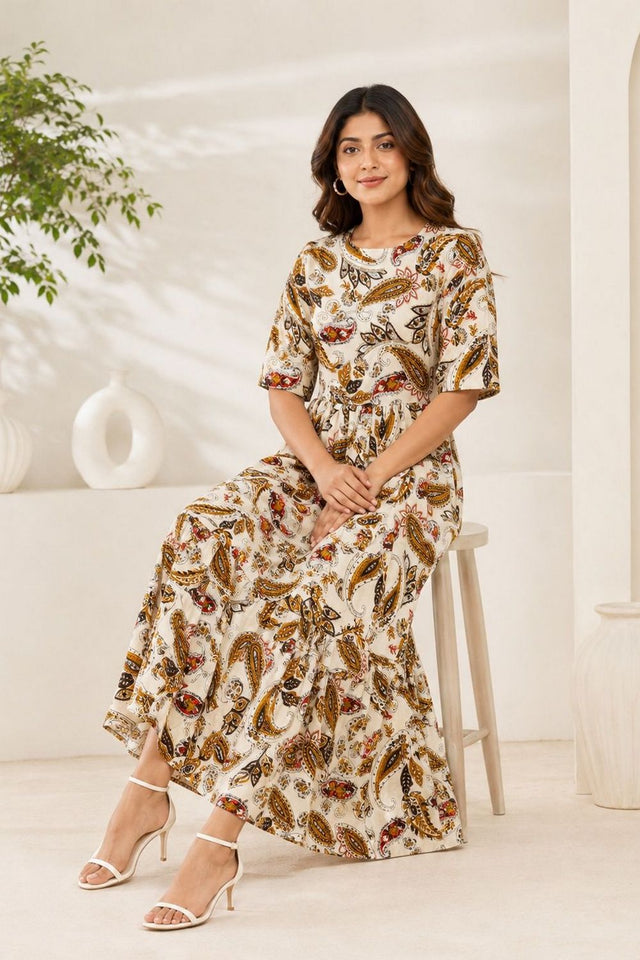 Yellow Printed Rayon Dresses (ACA8781)