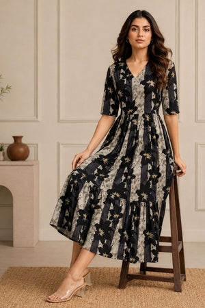 Black Printed Rayon Dresses (ACA8782)