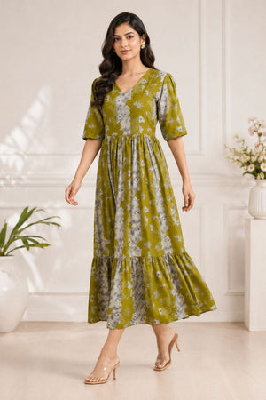 Green Printed Rayon Dresses (ACA8783)