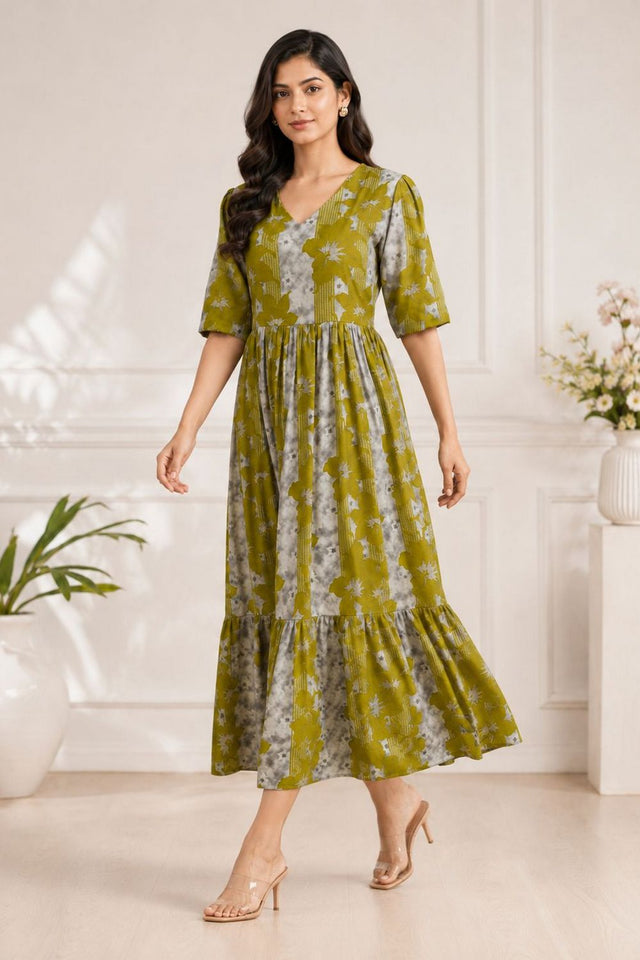Green Printed Rayon Dresses (ACA8783)