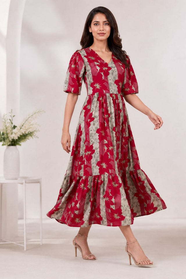 Red Printed Rayon Dresses (ACA8784)