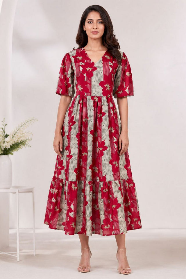 Red Printed Rayon Dresses (ACA8784)