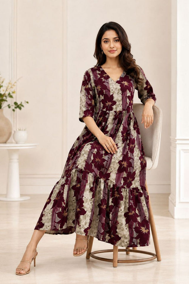 Wine Printed Rayon Dresses (ACA8785)
