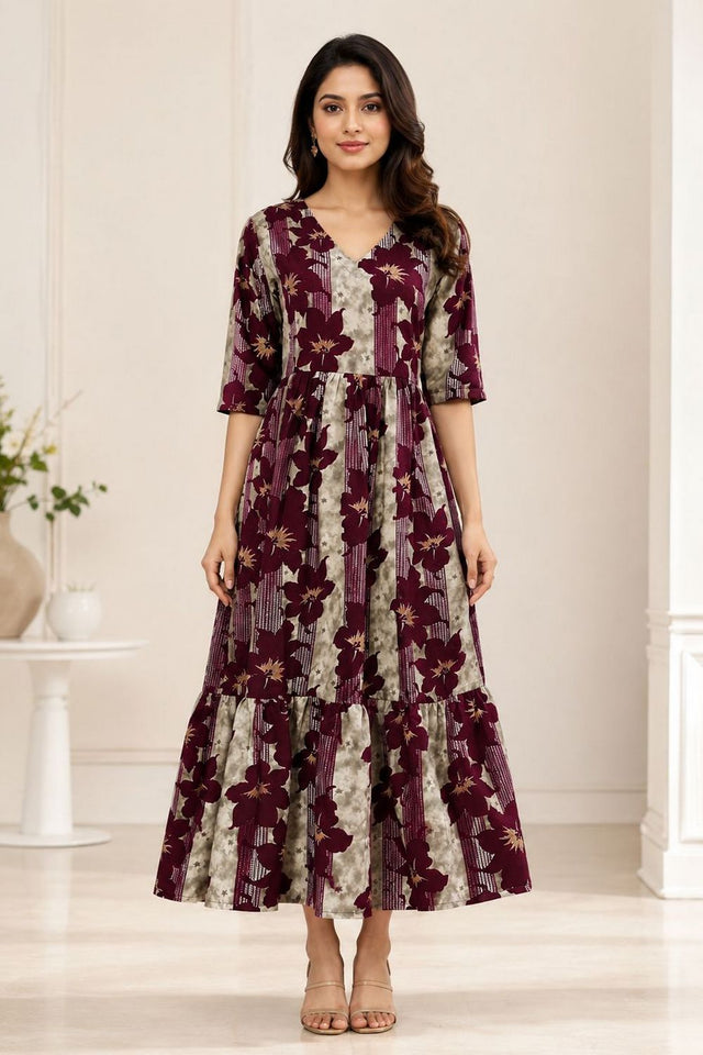 Wine Printed Rayon Dresses (ACA8785)