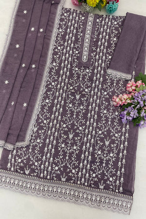 Lavender Floral Embroidered Silk Straight Cut Suit (ACA8786)
