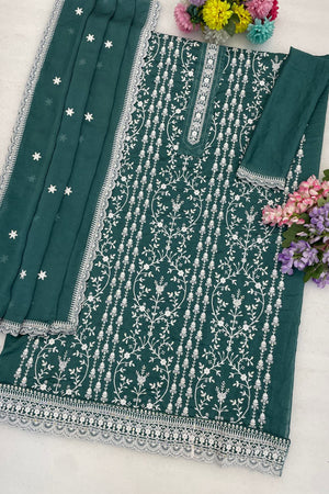 Green Floral Embroidered Silk Straight Cut Suit (ACA8787)