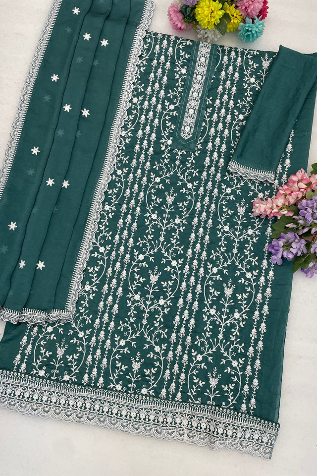 Green Floral Embroidered Silk Straight Cut Suit (ACA8787)