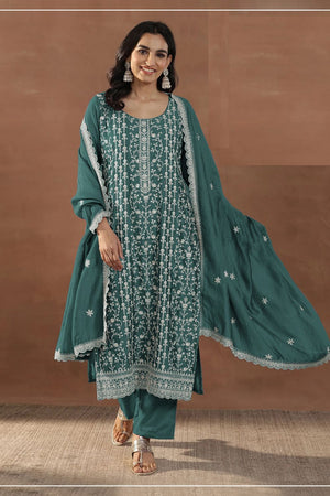 Green Floral Embroidered Silk Straight Cut Suit (ACA8787)
