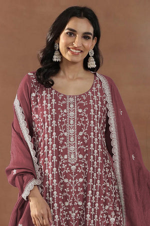 Pink Floral Embroidered Silk Straight Cut Suit (ACA8788)
