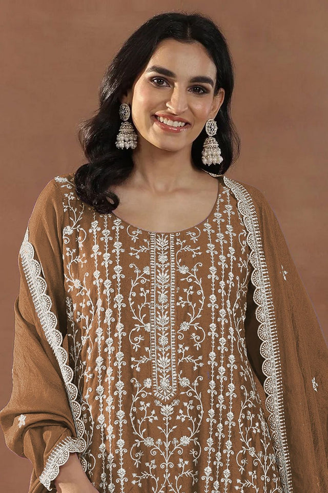 Brown Floral Embroidered Silk Straight Cut Suit (ACA8789)