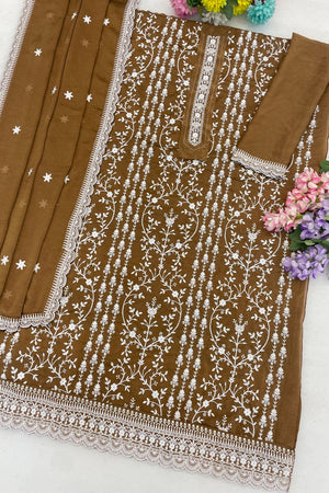 Brown Floral Embroidered Silk Straight Cut Suit (ACA8789)