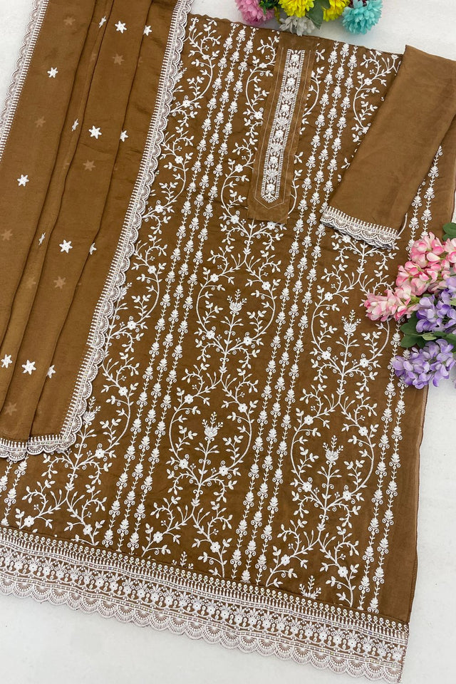 Brown Floral Embroidered Silk Straight Cut Suit (ACA8789)