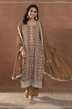 Brown Floral Embroidered Silk Straight Cut Suit (ACA8789)