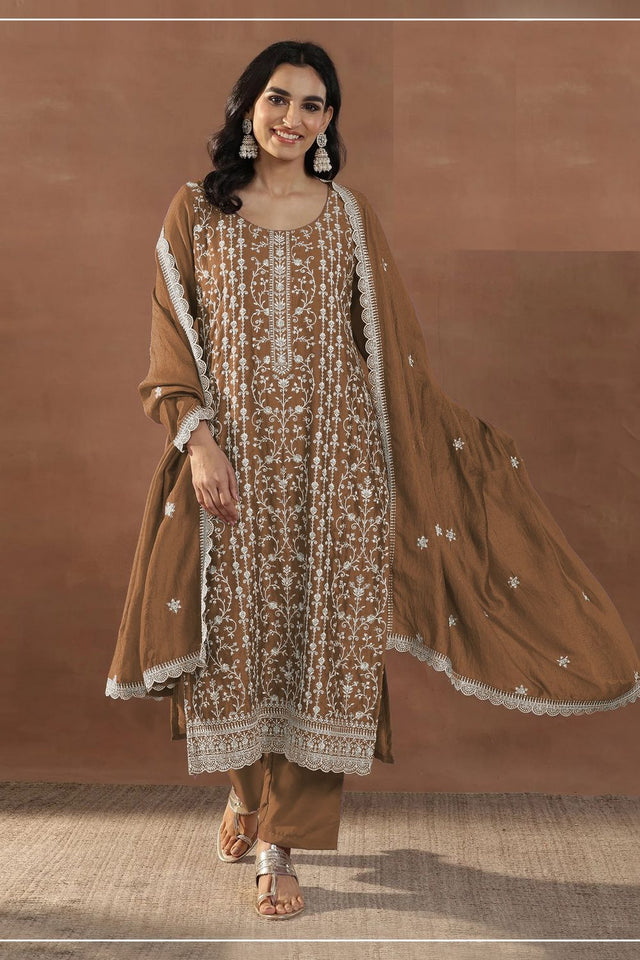 Brown Floral Embroidered Silk Straight Cut Suit (ACA8789)