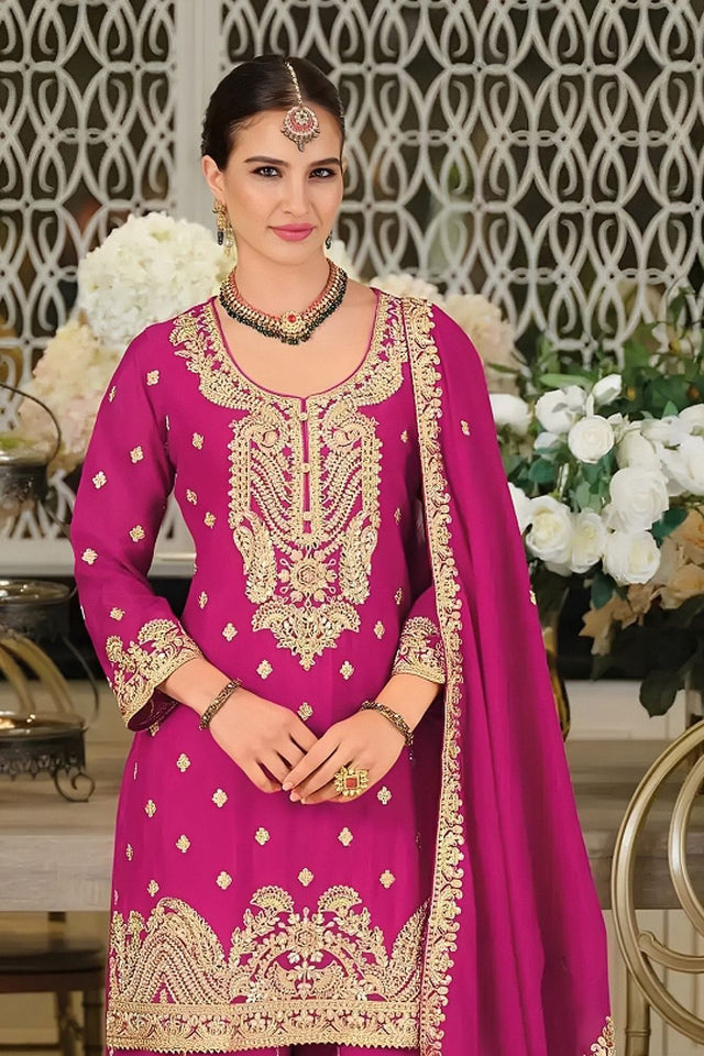 Pink Embroidered Chinon Palazzo Suit (ACA8790)