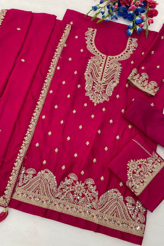 Pink Embroidered Chinon Palazzo Suit (ACA8790)