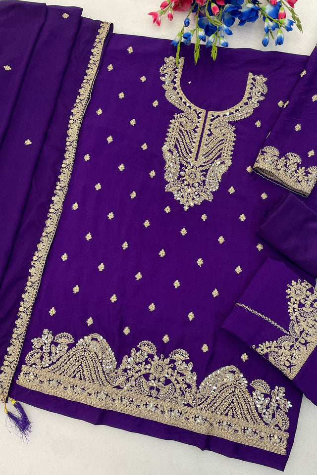 Purple Embroidered Chinon Palazzo Suit (ACA8791)