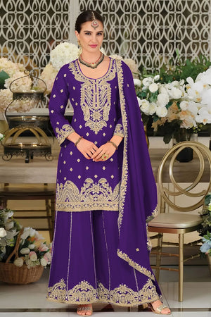 Purple Embroidered Chinon Palazzo Suit (ACA8791)