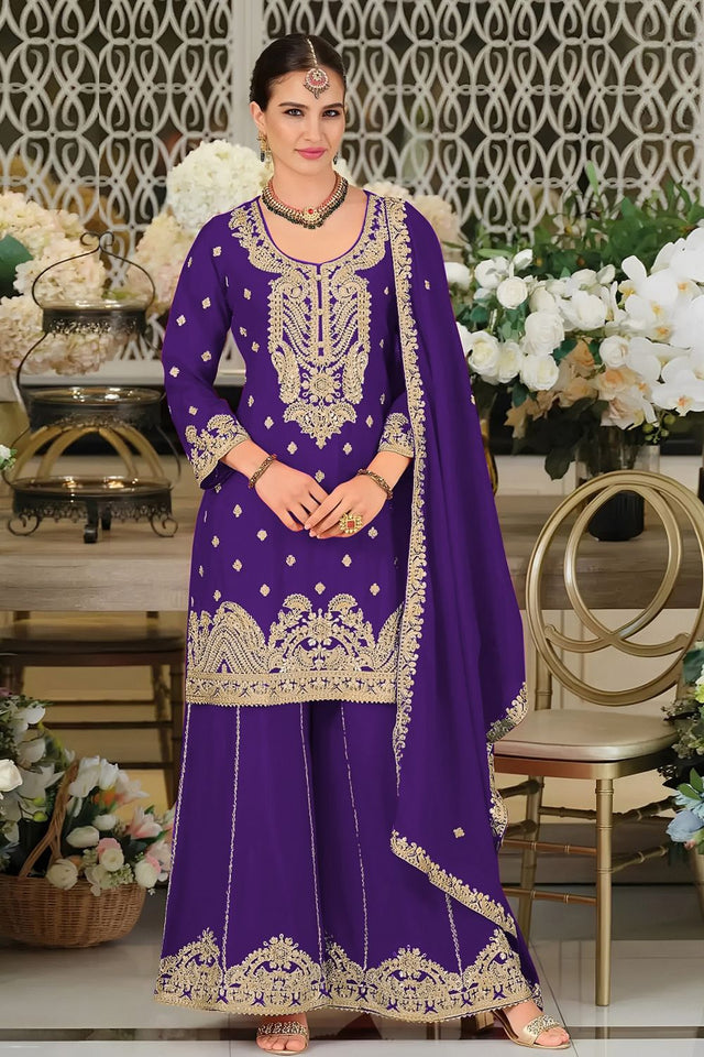 Purple Embroidered Chinon Palazzo Suit (ACA8791)