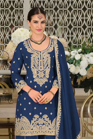 Turquoise Embroidered Chinon Palazzo Suit (ACA8792)