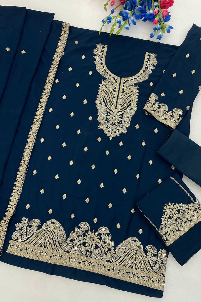 Turquoise Embroidered Chinon Palazzo Suit (ACA8792)