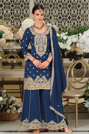 Turquoise Embroidered Chinon Palazzo Suit (ACA8792)