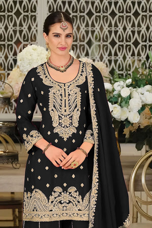 Black Embroidered Chinon Palazzo Suit (ACA8793)