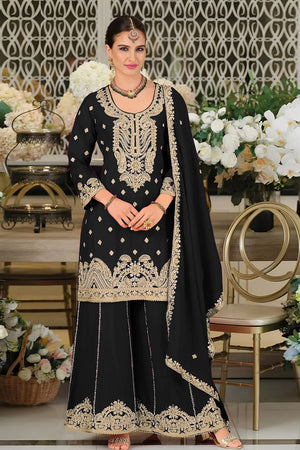Black Embroidered Chinon Palazzo Suit (ACA8793)