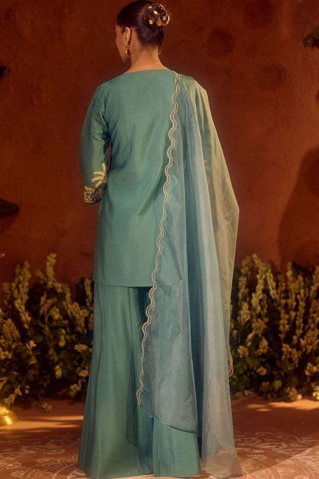 Turquoise Floral Embroidered Chanderi Sharara Suit (ACA8794)