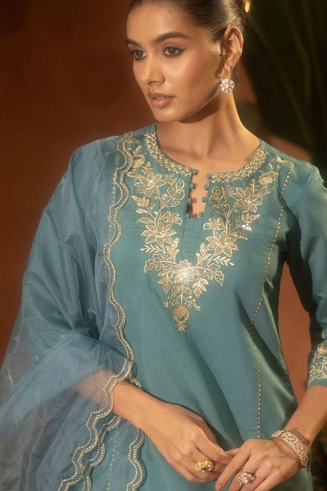 Turquoise Floral Embroidered Chanderi Sharara Suit (ACA8794)