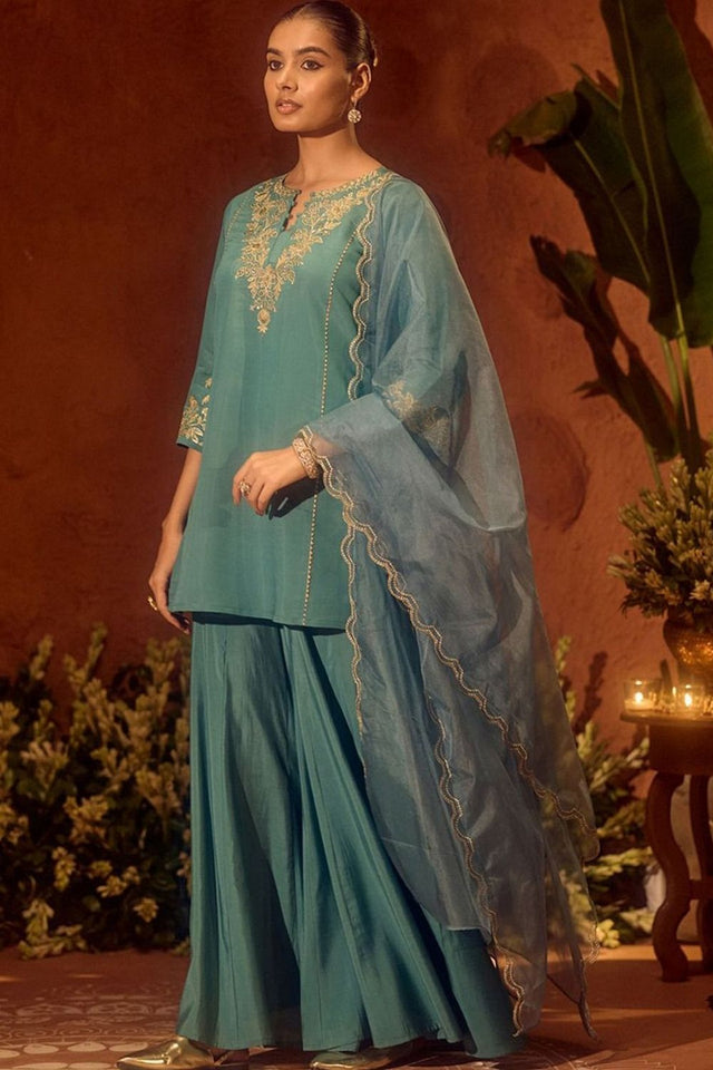 Turquoise Floral Embroidered Chanderi Sharara Suit (ACA8794)