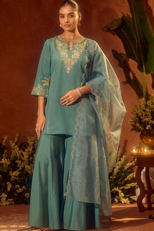 Turquoise Floral Embroidered Chanderi Sharara Suit (ACA8794)