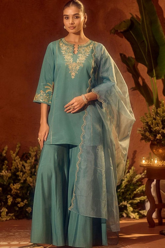 Turquoise Floral Embroidered Chanderi Sharara Suit (ACA8794)