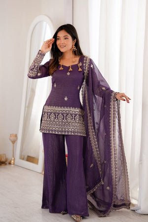 Lavender Floral Embroidered Silk Sharara Suit (ACA8795)