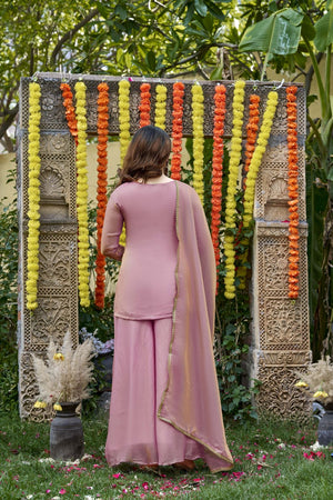 Pink Floral Embroidered Satin Palazzo Suit (ACA8797)