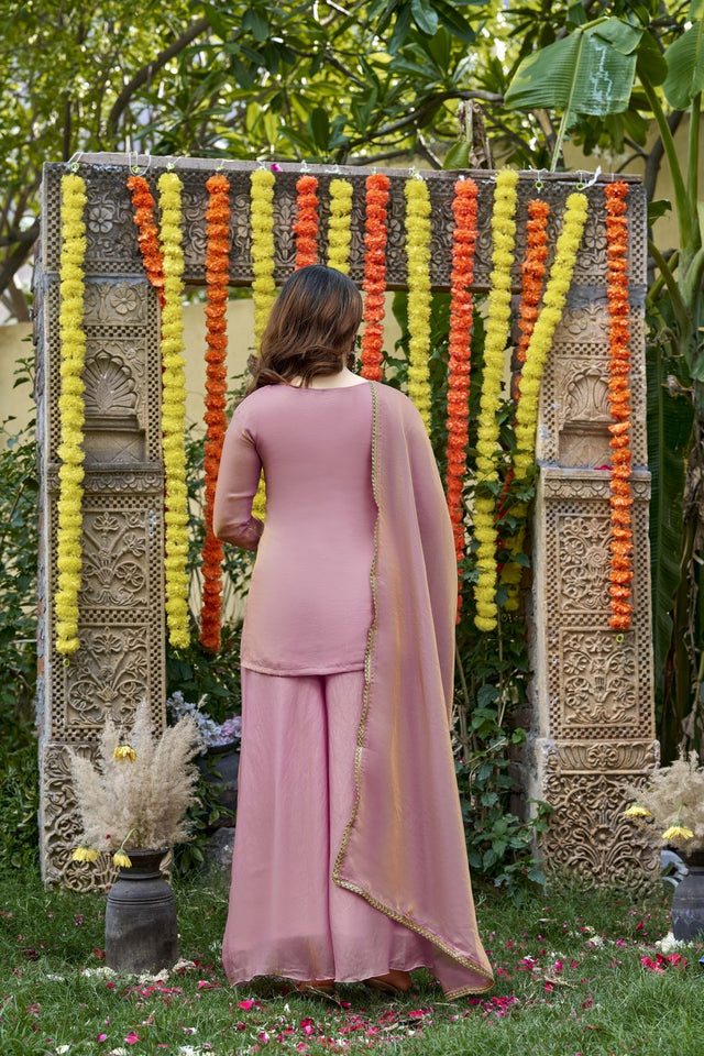 Pink Floral Embroidered Satin Palazzo Suit (ACA8797)