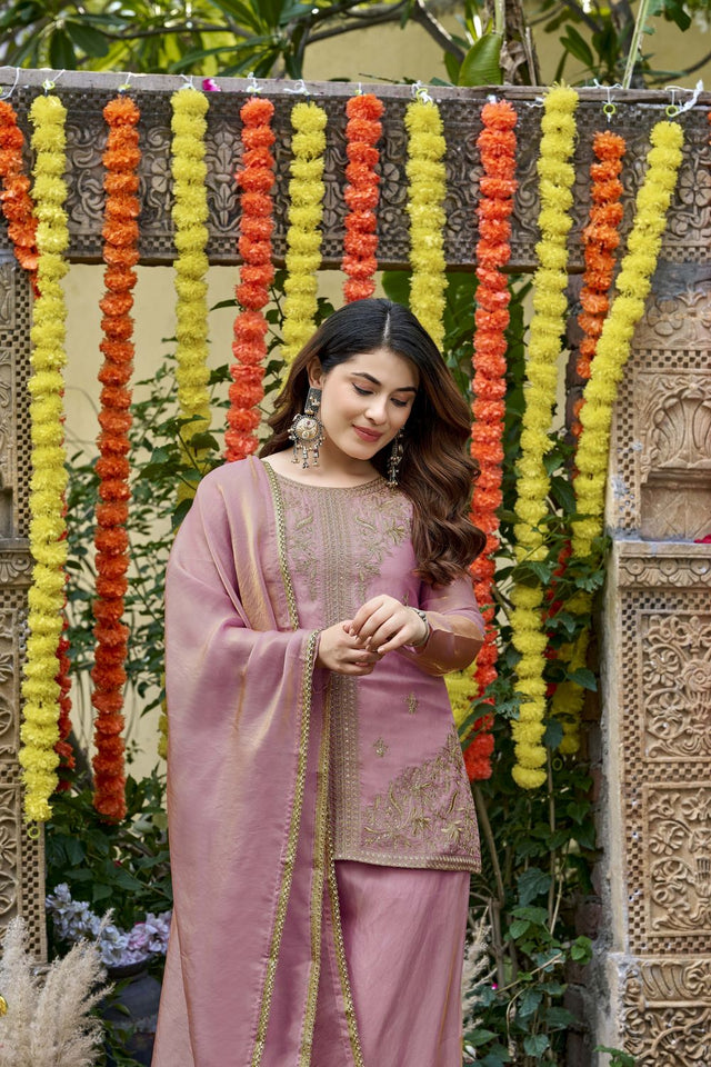 Pink Floral Embroidered Satin Palazzo Suit (ACA8797)