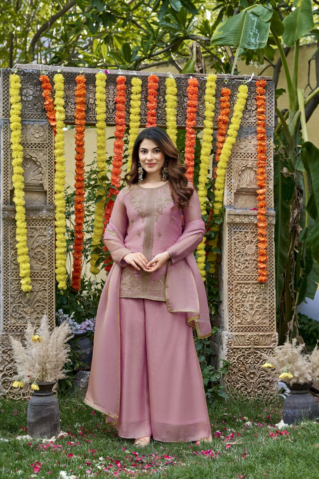 Pink Floral Embroidered Satin Palazzo Suit (ACA8797)