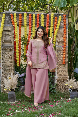 Pink Floral Embroidered Satin Palazzo Suit (ACA8797)