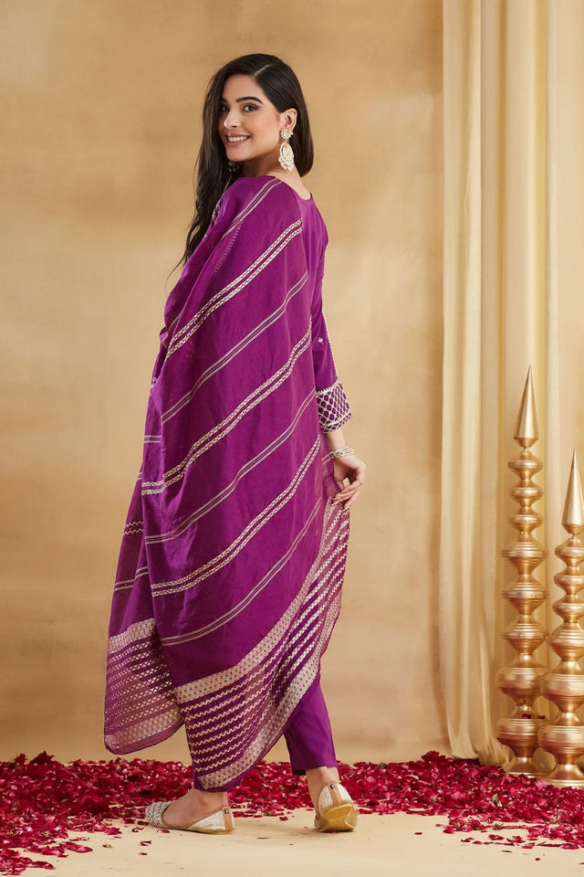 Purple Floral Embroidered Rayon Straight Cut Suit (ACA8798)