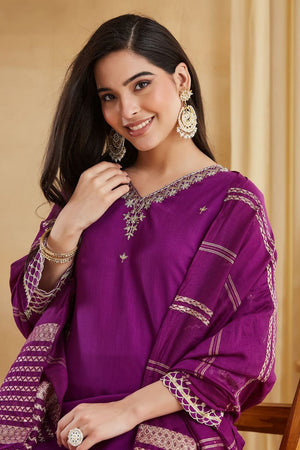 Purple Floral Embroidered Rayon Straight Cut Suit (ACA8798)