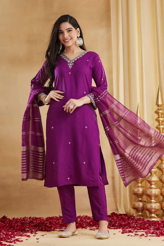Purple Floral Embroidered Rayon Straight Cut Suit (ACA8798)