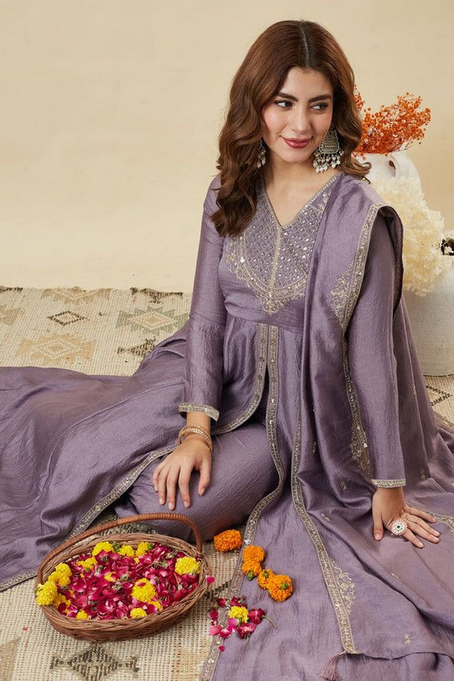 Grey Sequin Embroidered Silk Palazzo Suit (ACA8799)