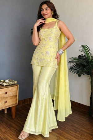 Yellow Floral Embroidered Georgette Palazzo Suit (ACA8800)