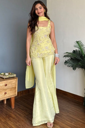 Yellow Floral Embroidered Georgette Palazzo Suit (ACA8800)