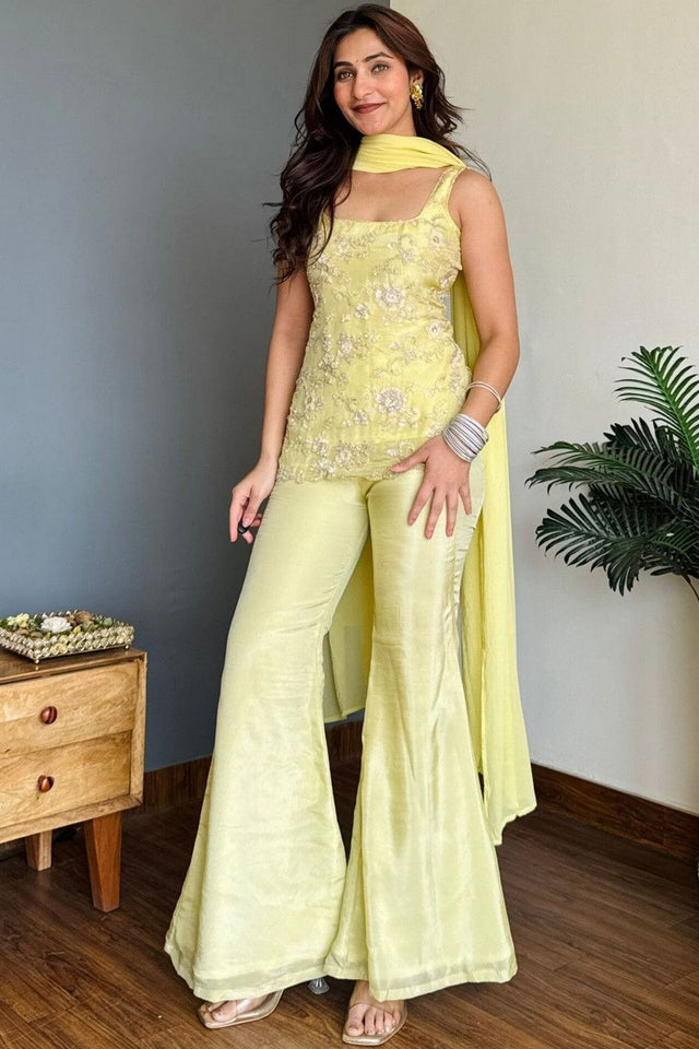Yellow Floral Embroidered Georgette Palazzo Suit (ACA8800)