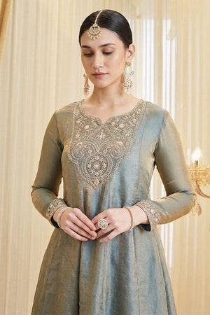 Grey Embroidered Satin Palazzo Suit (ACA8801)