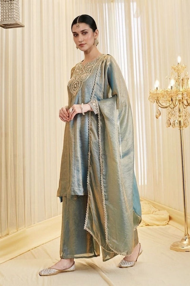 Grey Embroidered Satin Palazzo Suit (ACA8801)