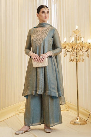 Grey Embroidered Satin Palazzo Suit (ACA8801)