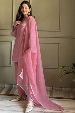 Pink Embellished Silk Straight Cut Suit (ACA8805)